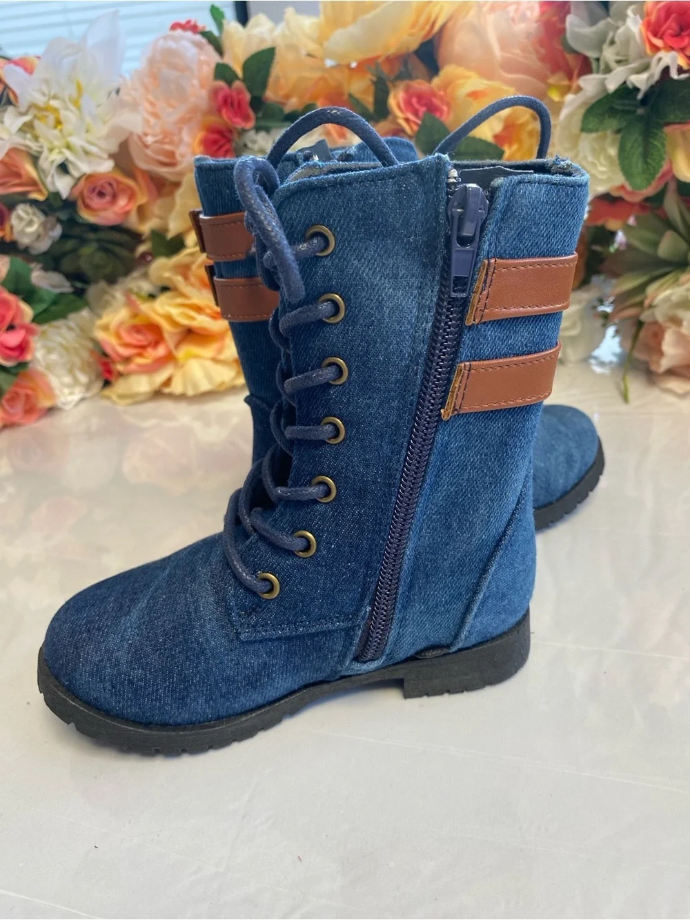 Toddler Denim Moto Lace-Up Boots Side Zip Buckle Blue Size 8